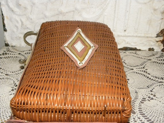 Vintage Wicker Leather Handbag Woven Purse 60s Ma… - image 6