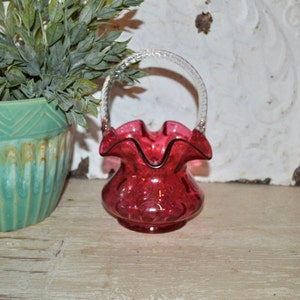 Fenton Cranberry Thumbprint Basket Ruffled