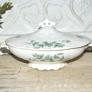 Puede incluir: Un cuenco de cerámica blanca con tapa, con un estampado floral verde. El cuenco tiene asas y un adorno decorativo. Se encuentra sobre una superficie de madera.