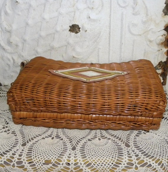 Vintage Wicker Leather Handbag Woven Purse 60s Ma… - image 2