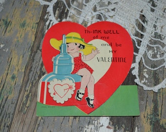 Vintage Valentine "Th-Ink Well of Me" Inkwell Girl Heart Valentine's Day Decor