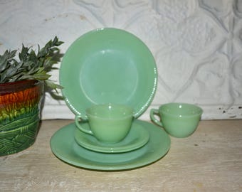 Vintage Fire King Jadeite Dinnerware Set: Jane Ray Green Dishes