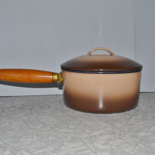 Brown Enamel Sauce Pan ~ Wood Handle Enamel Pan ~ Vintage Cookware ~ Epsteam