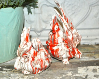 Vtg Rooster & Hen Figurines Orange White Mid Century Chicken