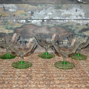 Green Clear Etched Depression Sherbet Cups Set of 5 Vaseline Glass