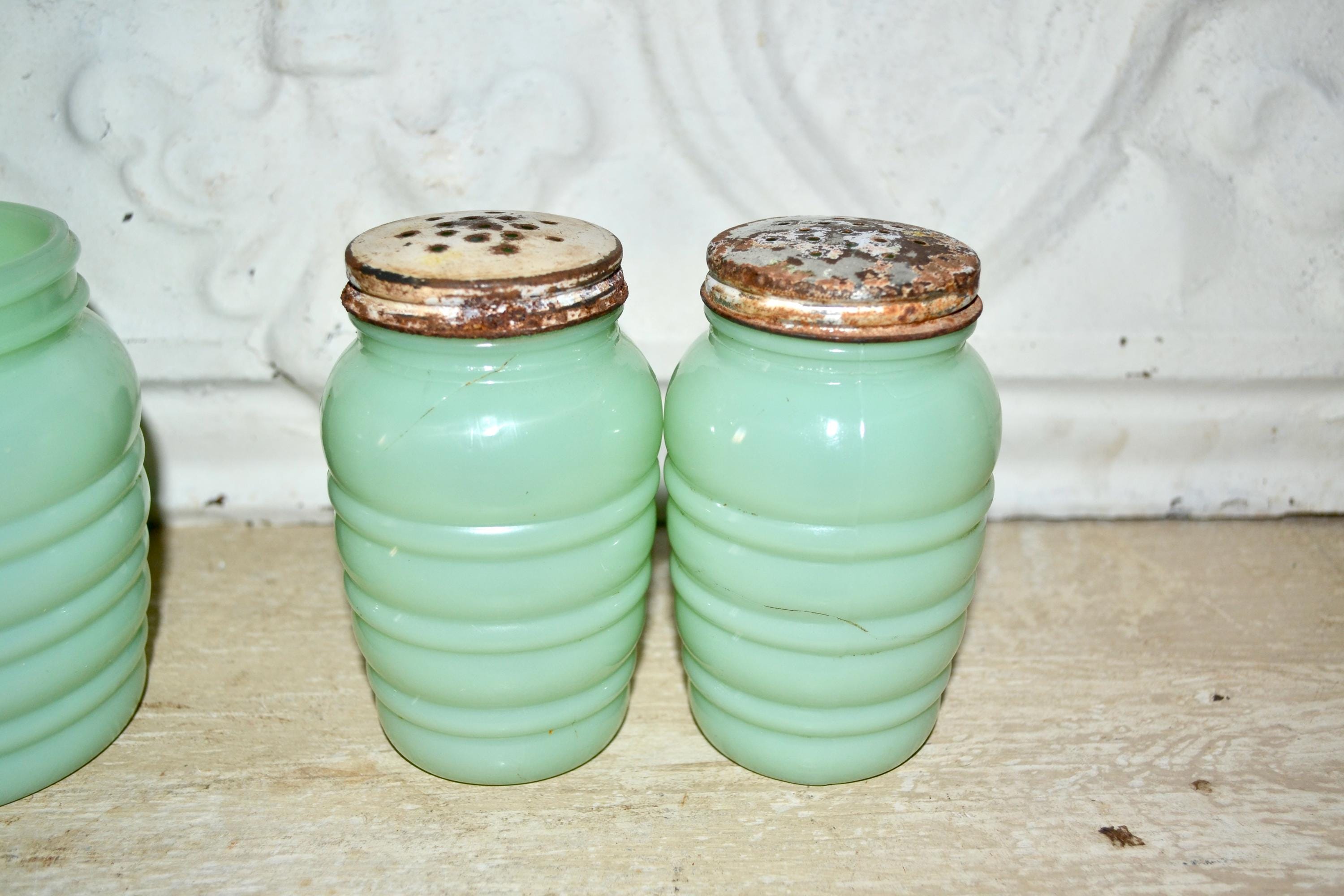 Vintage Fire King Jadeite Grease Jar & Shakers – Beehive Pattern