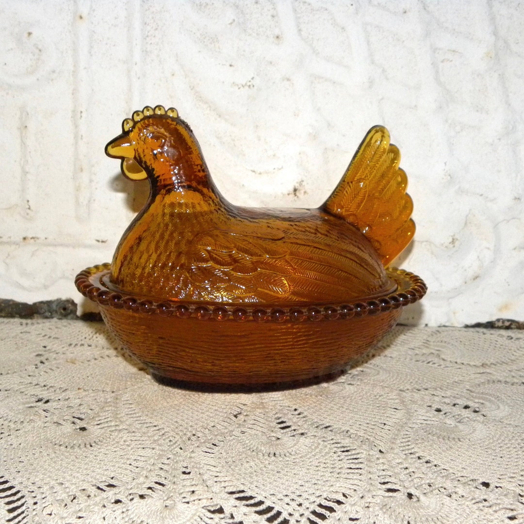 Amber Hen on a Nest Pressed Glass Vintage Chicken Candy Dish Etsy