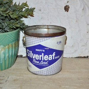 Swift&#39;s Silverleaf Pure Lard Bucket 4lbs Blue Advertising Tin Vintage Kitchen