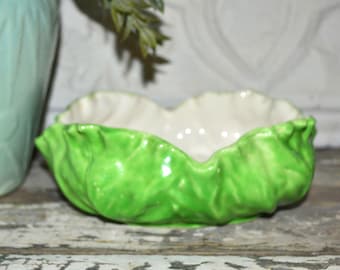 Vintage Handmade Cabbage Bowl - Spring Leaf Dish - Green Ceramic Vegetable Bowl - Cottagecore Kitchen Decor