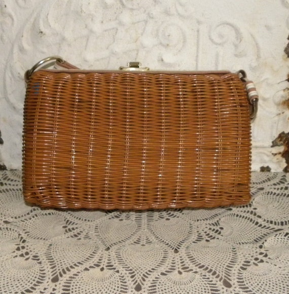 Vintage Wicker Leather Handbag Woven Purse 60s Ma… - image 8