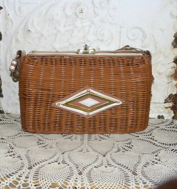 Vintage Wicker Leather Handbag Woven Purse 60s Ma… - image 1