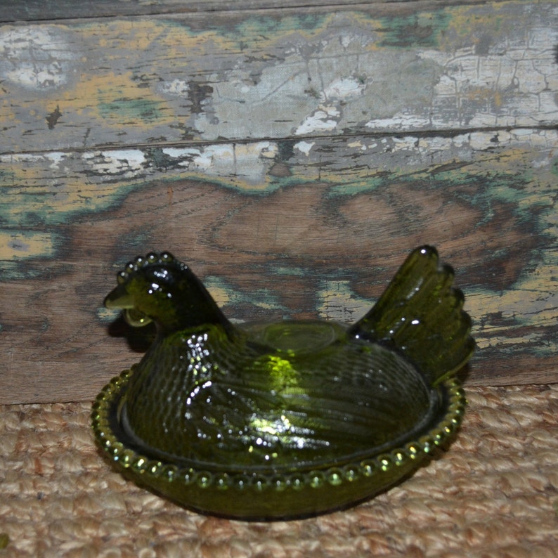 Green Hen on a Nest Pressed Glass Vintage Chicken Candy Dish Etsy