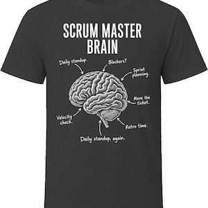May include: A charcoal grey short-sleeve t-shirt featuring a white graphic of a human brain. The text reads SCRUM MASTER BRAIN with arrows pointing to labels: Daily standup, Blockers, Sprint planning, Move the ticket, Retro time, and Daily standup, again.