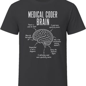 May include: A charcoal grey short-sleeve t-shirt featuring a white graphic of a human brain. The text reads: MEDICAL CODER BRAIN, There's a code for that!, I need more specificity, doctor., Where did that modifier go?, Why is the documentation missing AGAIN!?, Unspecified is not a diagnosis., Query the physician. Again., I definitely need more specificity, doctor.