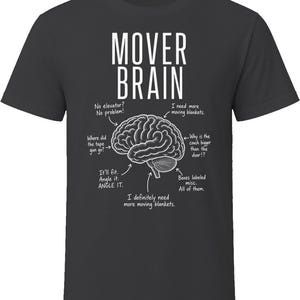 May include: A dark gray short-sleeve t-shirt featuring a white graphic of a human brain. The text MOVER BRAIN is printed above the brain, with arrows pointing to various parts labeled with moving-related thoughts like No elevator? No problem!