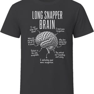 May include: A charcoal gray short-sleeve t-shirt featuring a white graphic of a human brain. The text reads LONG SNAPPER BRAIN with various arrows pointing to the brain with phrases like I can snap that blind, I need more recognition, and more.