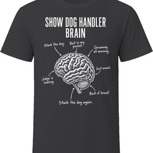 May include: A charcoal gray t-shirt featuring a white graphic of a human brain with labels pointing to different sections. The text reads: SHOW DOG HANDLER BRAIN, Stack the dog, Bait in my pocket, Grooming all morning, Gait around, Best of breed, and Stack the dog again.