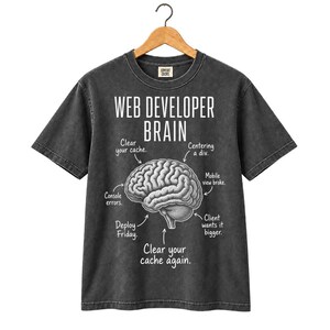 May include: A charcoal gray short-sleeve t-shirt featuring a white graphic of a human brain. The text reads WEB DEVELOPER BRAIN with labels pointing to parts of the brain: Clear your cache, Centering a div, Mobile view broke, Client wants it bigger, Deploy Friday, Console errors, and Clear your cache again.