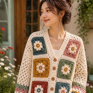 May include: A long-sleeved crochet cardigan featuring a V-neckline and a button-down front. The garment is constructed from cream-colored yarn with square panels displaying multi-colored floral motifs in shades of teal, mustard, and terracotta.