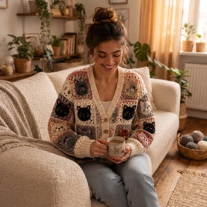 May include: A cream-colored V-neck cardigan made of crocheted granny squares, each featuring a different cat face in various colors including black, gray, and brown. The cardigan has a button-down front with three visible buttons and ribbed cuffs.