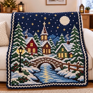 May include: A rectangular crochet blanket featuring a winter village scene at night. The design includes a stone bridge over a stream, snow-covered houses with glowing windows, evergreen trees, a church steeple, a full moon, and yellow stars.