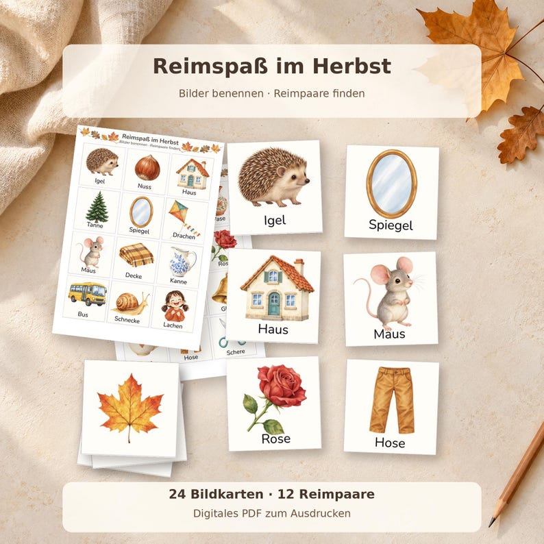 German Rhyming Game Printable – 24 Picture and Word Cards, Autumn