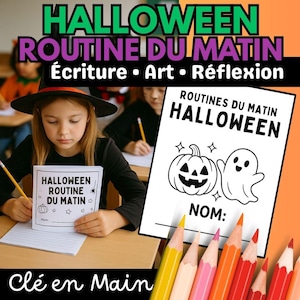 Peut inclure: Une fiche pédagogique imprimable intitulée Halloween Routine du Matin avec une illustration de citrouille et de fantôme. La page comprend un espace pour un nom et est présentée à côté d'une rangée de crayons taillés colorés sur un bureau.