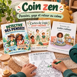 May include: Three books titled Coin zen, Détective des pensées, Cartes de yoga pour enfants, and Trousse du coin calme are displayed alongside a Christmas tree coloring sheet with a numbered code and a wooden hourglass timer.