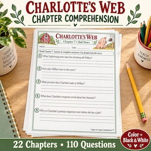 Può includere: Una scheda didattica stampata intitolata Charlotte's Web Chapter Comprehension Chapter 7 Bad News. La pagina presenta cinque domande numerate sulla storia, un grafico di un fienile rosso, un maiale e un ragno, con righe per le risposte.