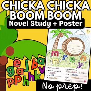 May include: A Chicka Chicka Boom Boom novel study and poster educational resource featuring a yellow background with a palm tree and colorful lowercase letters. The worksheet displays a hand-drawn coconut tree, letters with faces, and writing exercises.
