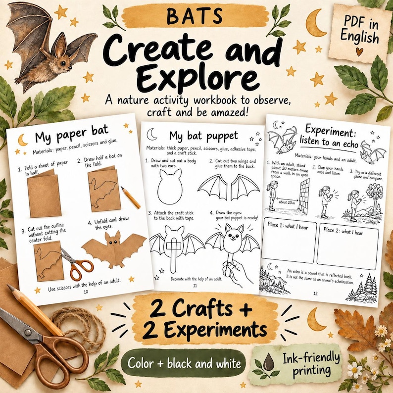 Paper Puppet Science Bat Activities for Kids, Bat My Discovery Workbook, Nature Study, Bat ...