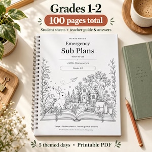 May include: A spiral-bound workbook titled Emergency Sub Plans for Grades 1-2, featuring 100 pages of student sheets and a teacher guide. The cover displays a black and white line art illustration of a rabbit, a house, and a book.