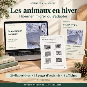 Peut inclure: Une ressource éducative numérique intitulée Les animaux en hiver comprenant un ordinateur portable affichant des diapositives, une fiche d'activités imprimée avec des cartes à découper et une affiche sur les adaptations hivernales.