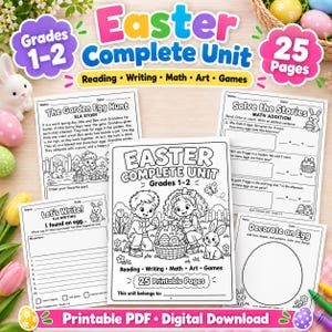 May include: An Easter complete unit educational packet for grades 1-2 featuring 25 printable pages. The set includes worksheets for reading, writing, math, art, and games with black and white illustrations of children, bunnies, and eggs.
