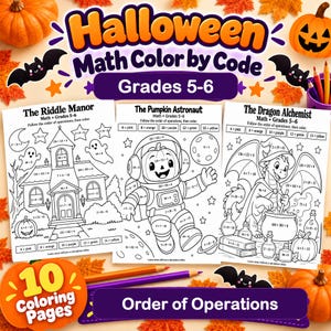 Könnte beinhalten: Ein Set von Halloween-Mathe-Malvorlagen nach Code für die Klassen 5-6, bestehend aus drei Seiten mit den Titeln The Riddle Manor, The Pumpkin Astronaut und The Dragon Alchemist, die mathematische Aufgaben zur Reihenfolge enthalten.