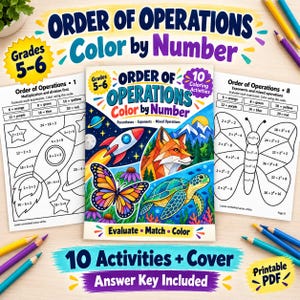 May include: An educational math activity set titled Order of Operations Color by Number for grades 5-6. The set includes a colorful cover page featuring a rocket, fox, butterfly, and sea turtle, alongside two black and white worksheets with math problems.