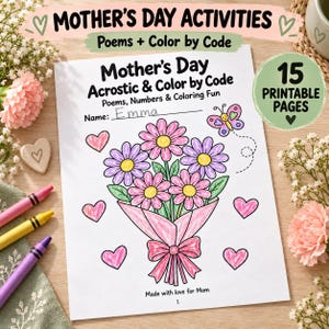 Può includere: Un foglio di attività stampabile per la festa della mamma con un acrostico e un design da colorare in base al codice. La pagina mostra un bouquet di fiori, cuori e una farfalla, con il testo Mother's Day Acrostic & Color by Code, Poems, Numbers & Coloring Fun.