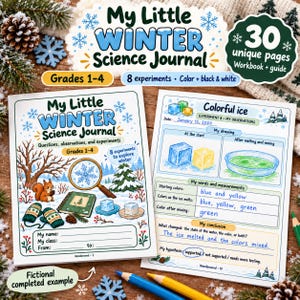 May include: A My Little Winter Science Journal workbook for grades 1-4 featuring 30 pages, 8 experiments, and a completed example page titled Colorful ice with handwritten observations about melting blue and yellow ice cubes.