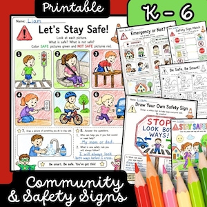 May include: A printable K-6 educational worksheet set titled Let's Stay Safe featuring hand-drawn illustrations of children in various scenarios. The pages include safety activities, matching exercises, and prompts to draw signs with coloured pencils.