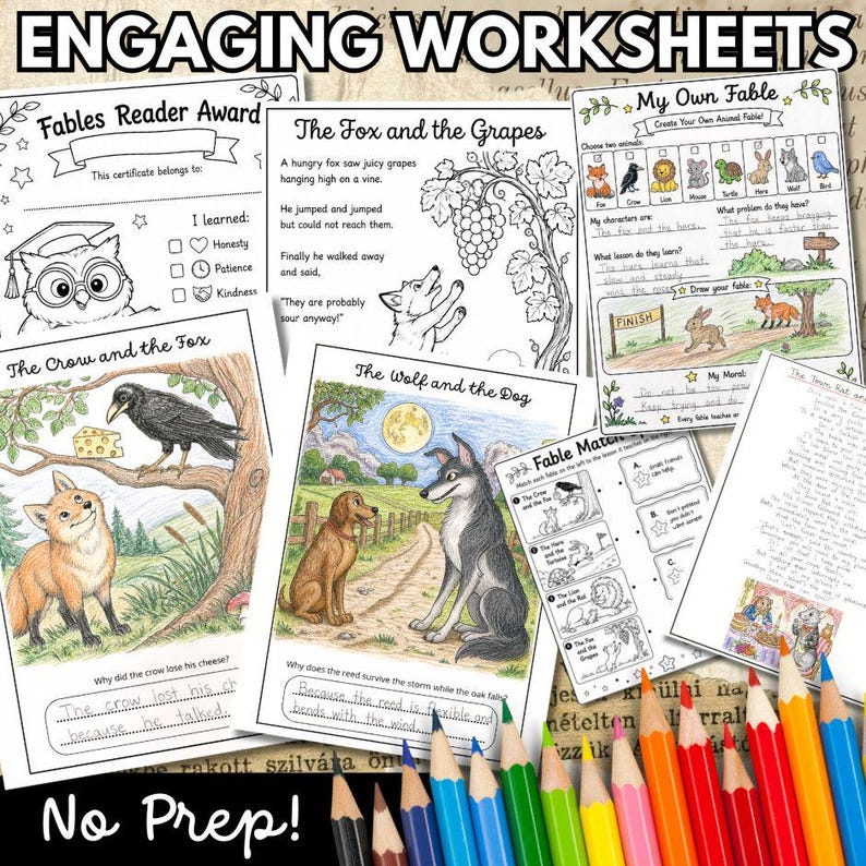 May include: A collection of educational worksheets featuring fables like The Fox and the Grapes, The Crow and the Fox, and The Wolf and the Dog, with a Fables Reader Award certificate and a Fable Match activity, all displayed with colored pencils.