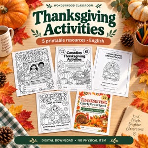 Puede incluir: Una colección de cinco hojas de actividades imprimibles de Acción de Gracias para estudiantes. Las páginas presentan ilustraciones en blanco y negro de pavos, calabazas y temas de cosecha, con títulos como Thanksgiving Fun Book, Canadian Thanksgiving Activities, Thanksgiving Break Packet, Thanksgiving Sight Words y Thanksgiving Color by Parts of Speech.