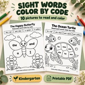 May include: Two educational worksheets titled Sight Words Color By Code featuring black and white line art of a butterfly and a turtle. Each page includes a colour key for specific words, instructional text, and numbered pages for kindergarten learning.