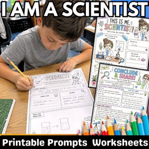 May include: A white paper worksheet titled PREDICT with black text and line drawings of science equipment. The worksheet includes sections for a question, prediction, and reasoning. Beside it are two additional science-themed activity sheets.
