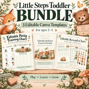 以下が含まれることがあります： Little Steps Toddler BUNDLEと題された3つの編集可能なCanvaテンプレートのデジタルセット。キツネとクマのイラストが特徴です。トイレトレーニングチャート、就寝時の視覚的スケジュール、2〜4歳向けの報酬チャートが含まれています。