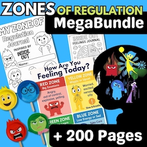 Könnte beinhalten: Ein Zones of Regulation MegaBundle Lernmaterial mit Journal-Cover, einer Gefühls-Tabelle mit roten, gelben, grünen und blauen Zonen sowie Pappteller-Figuren. Der Text lautet: ZONES OF REGULATION MegaBundle + 200 Pages.