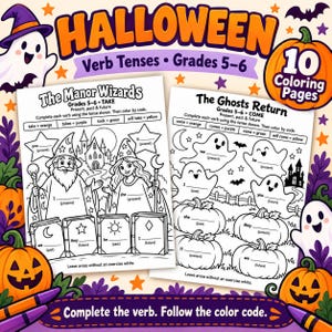 Halloween-verbtider färgläggs efter kod, grammatikblad för årskurs 5-6, perfektum, kontinuitet, konditionsform, Halloween ELA PDF