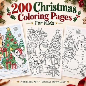 May include: A collection of 200 Christmas coloring pages for kids featuring three distinct illustrations: a colored reindeer and rabbit decorating a tree, a black and white scene of Santa with a kitten and gifts, and penguins building a snowman.