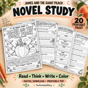May include: A set of printable educational worksheets for a James and the Giant Peach novel study. The black and white pages feature illustrations of a giant peach, seagulls, and characters, with text prompts for reading comprehension, cause and effect, and book reviews.