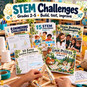 May include: A collection of five educational books titled STEM Challenges, 8 Engineering Challenges, 15 STEM Challenges, Team Building Challenges, 10 Easy Science Experiments, and Logic Puzzles for Kids, featuring illustrations and activity pages.