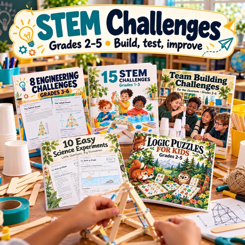 May include: A collection of five educational books titled STEM Challenges, 8 Engineering Challenges, 15 STEM Challenges, Team Building Challenges, 10 Easy Science Experiments, and Logic Puzzles for Kids, featuring illustrations and activity pages.